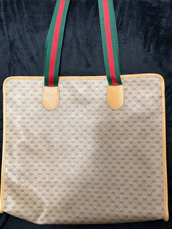 Gucci Handbags - Gucci Beige Monogram Tote with Green and Red Striped Straps